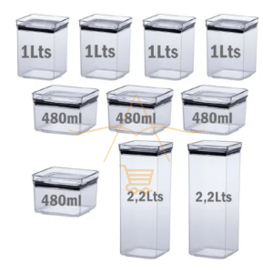 Kit 10 Potes Hermeticos Quadrados Empilhaveis